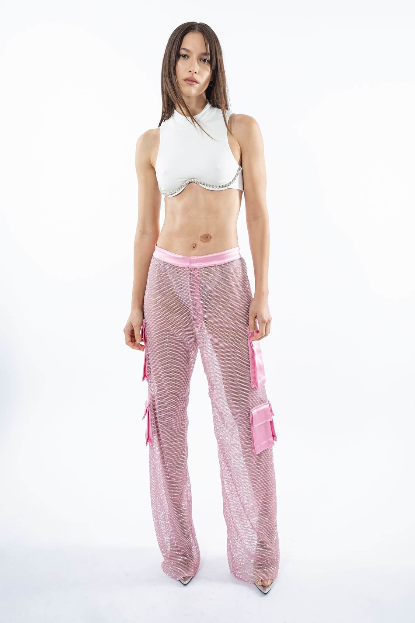 Pink Crystal Mesh and Silk Cargo Pants