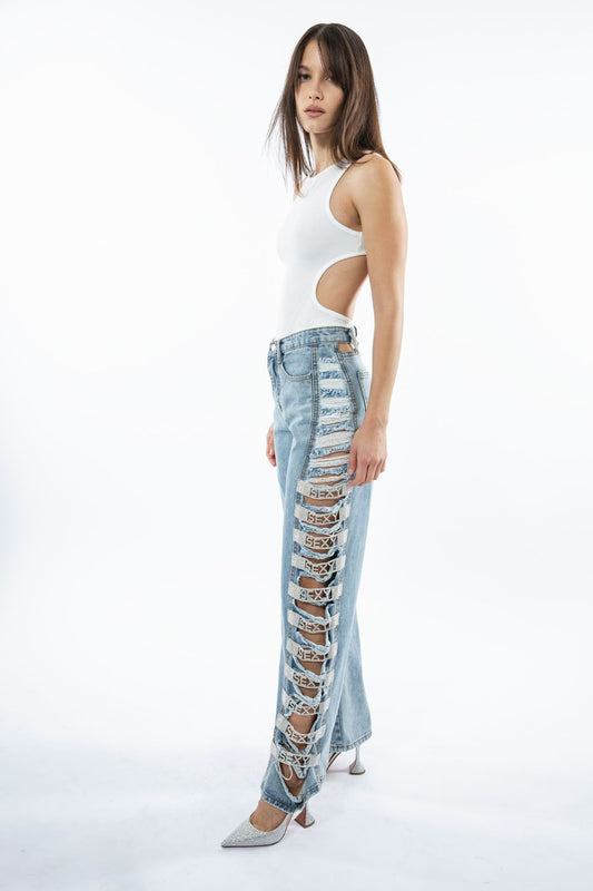 90's Baggy Jeans with Sexy Rhinestone embellished sides
