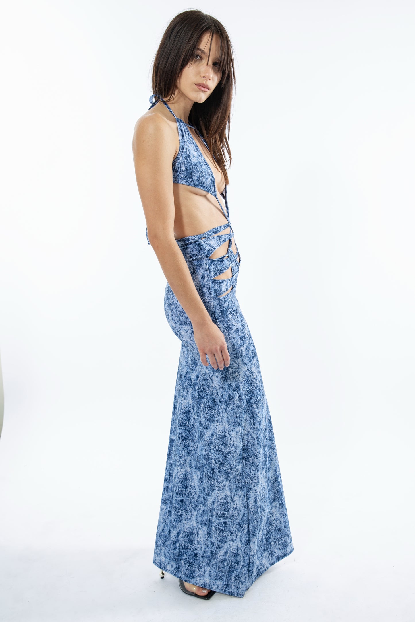 Cut out Faux Denim Bodysuit & Skirt