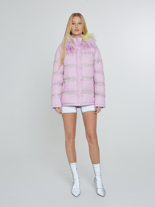 Lilac puffer jacket with crystal fringe yellow feathers