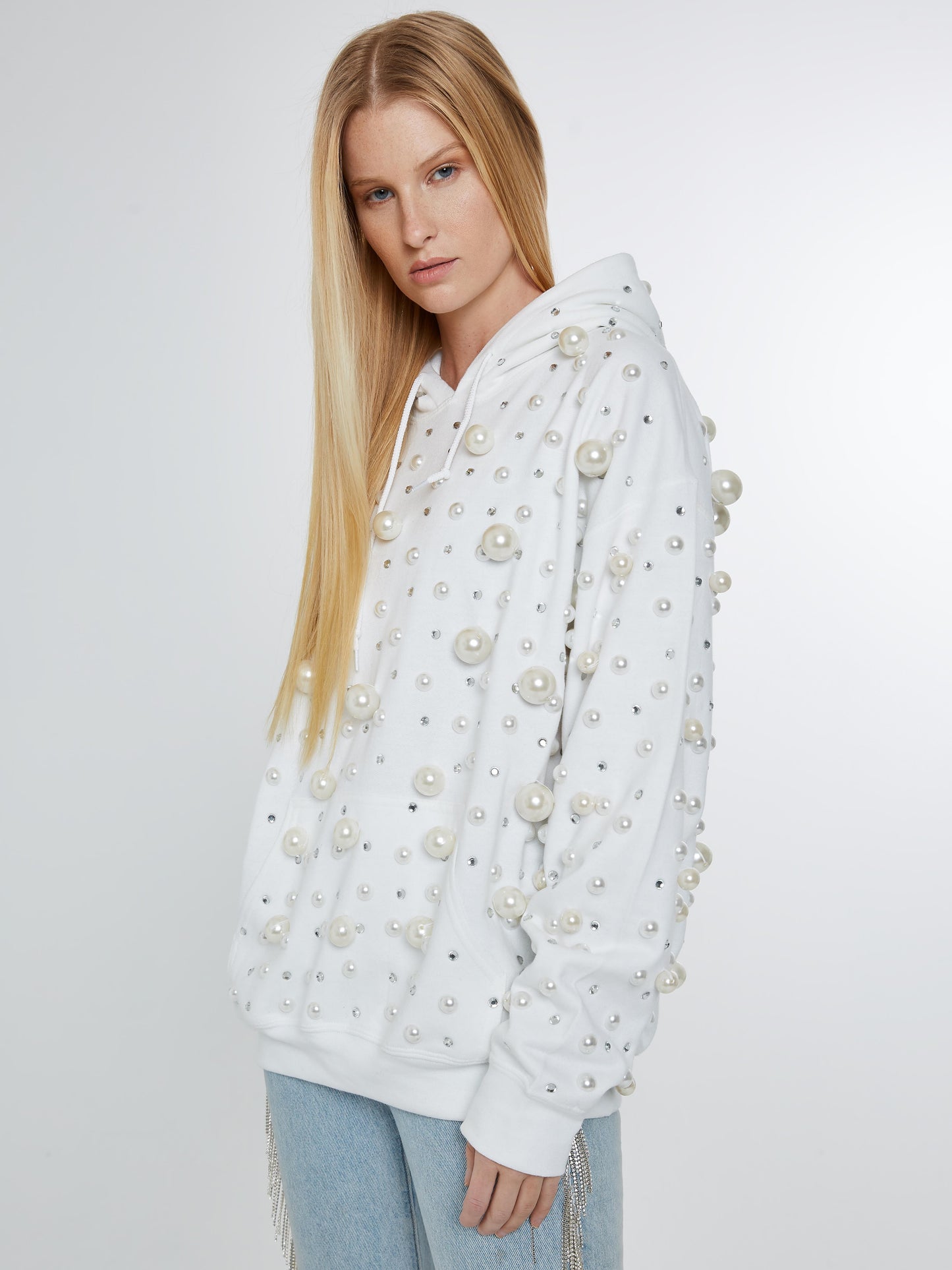 White hoodie with pearls