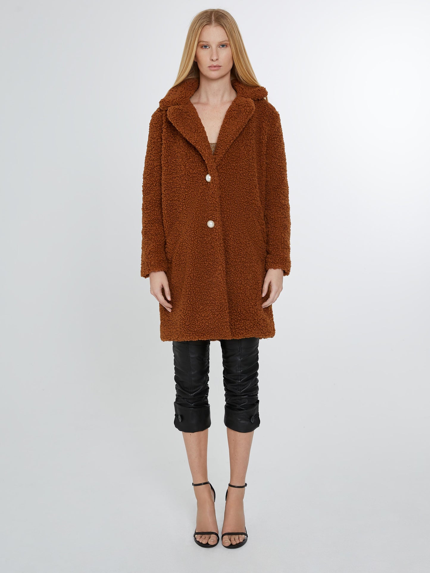 Chocolate brown faux shearling coat with pearl buttons