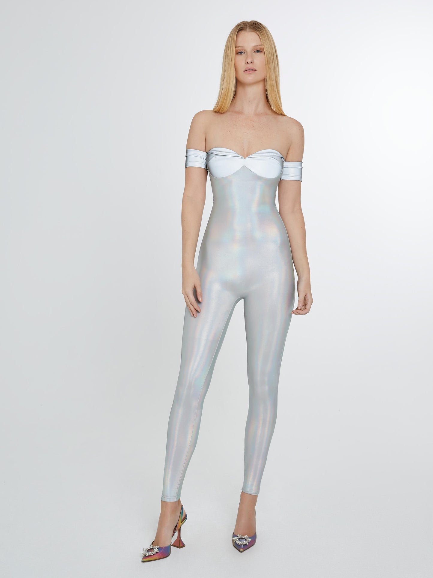 Iridescent bodysuit with reflective trim