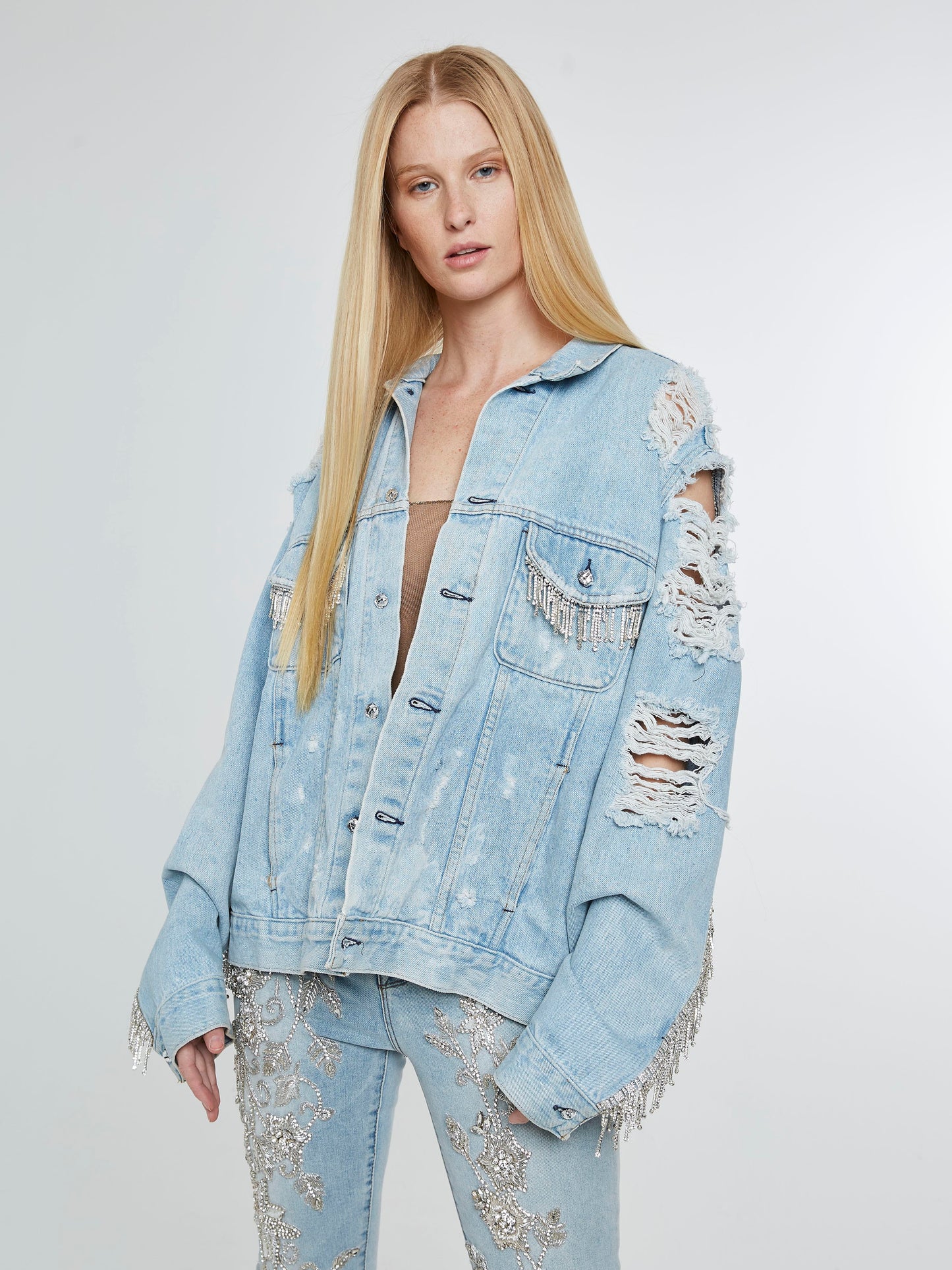 Distressed Denim Jacket with crystal fringe