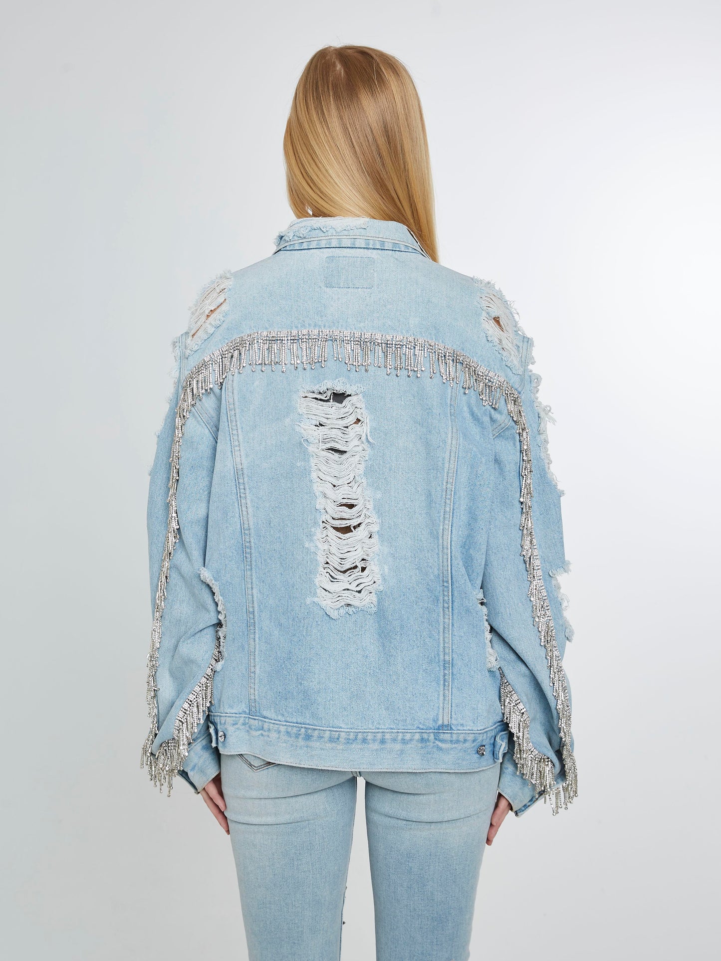 Distressed Denim Jacket with crystal fringe