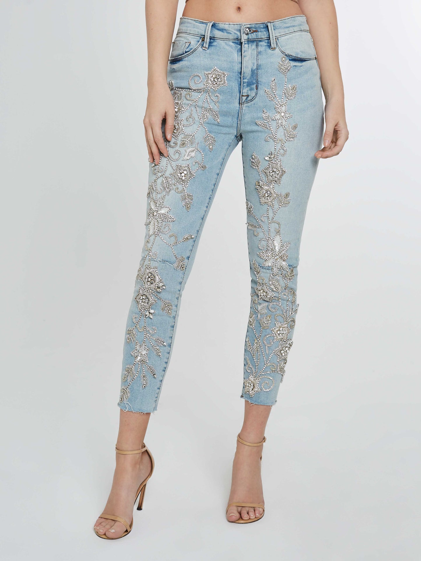 Jeans with crystal flower embroidery