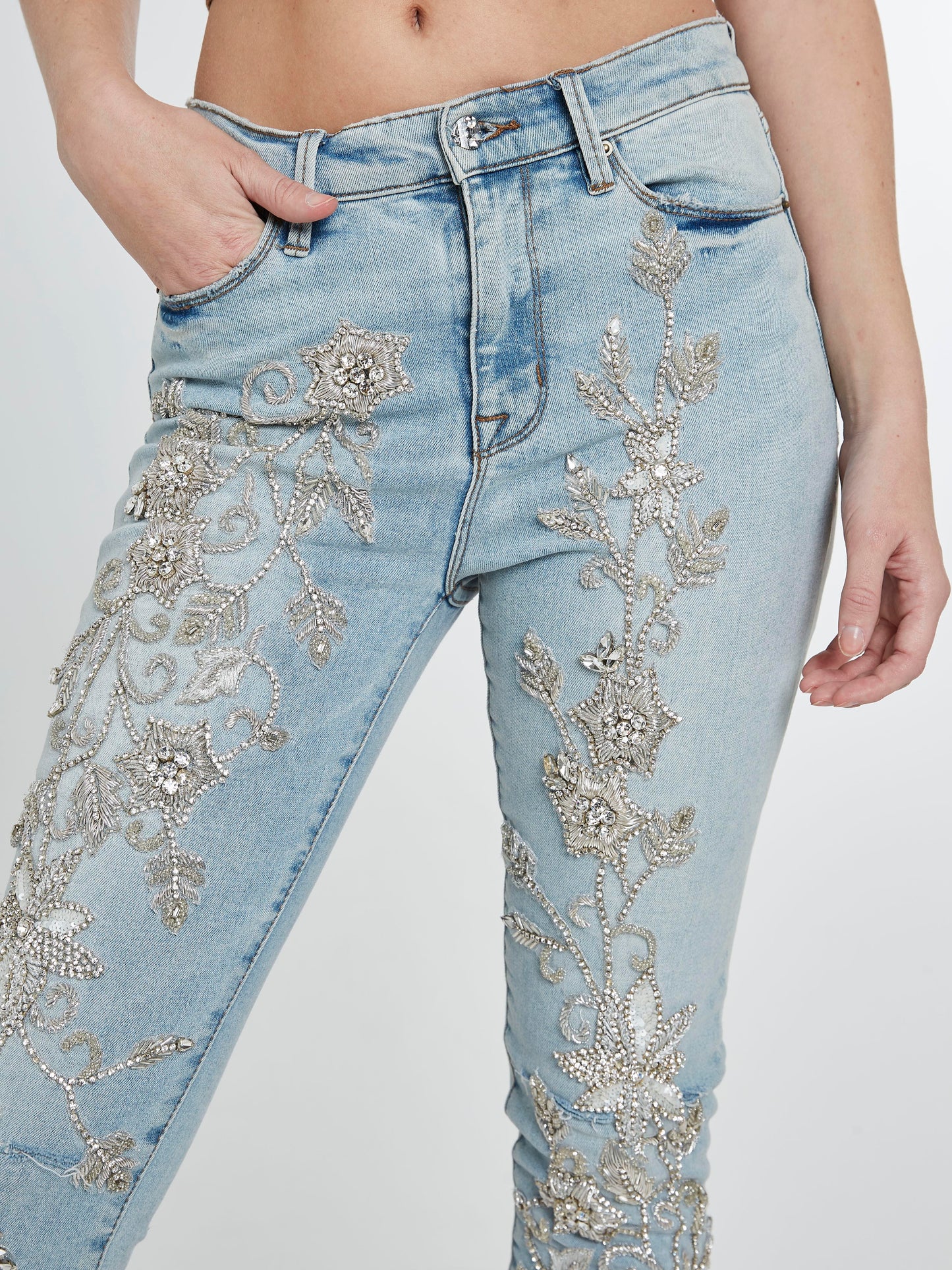 Jeans with crystal flower embroidery