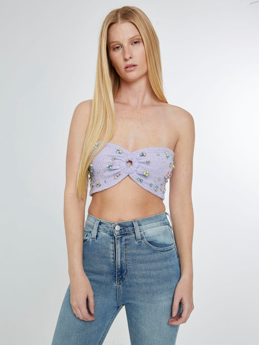 Lilac knit top with multicolored pearls