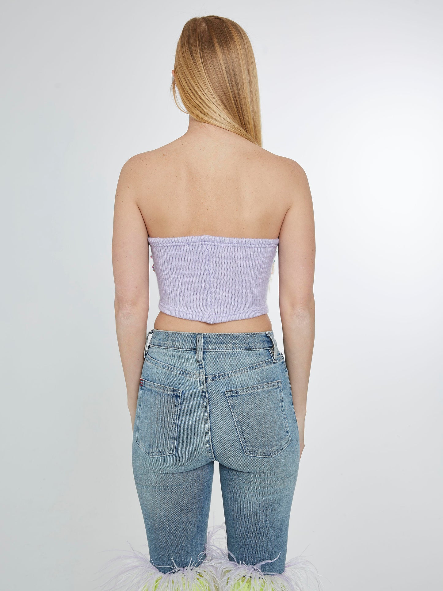 Lilac knit top with multicolored pearls