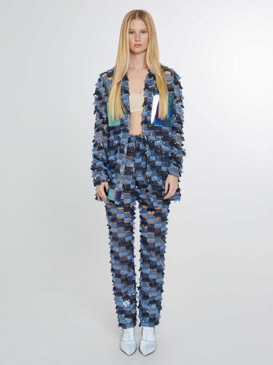 Multitone sequin fringe blue jacket with plastic pockets