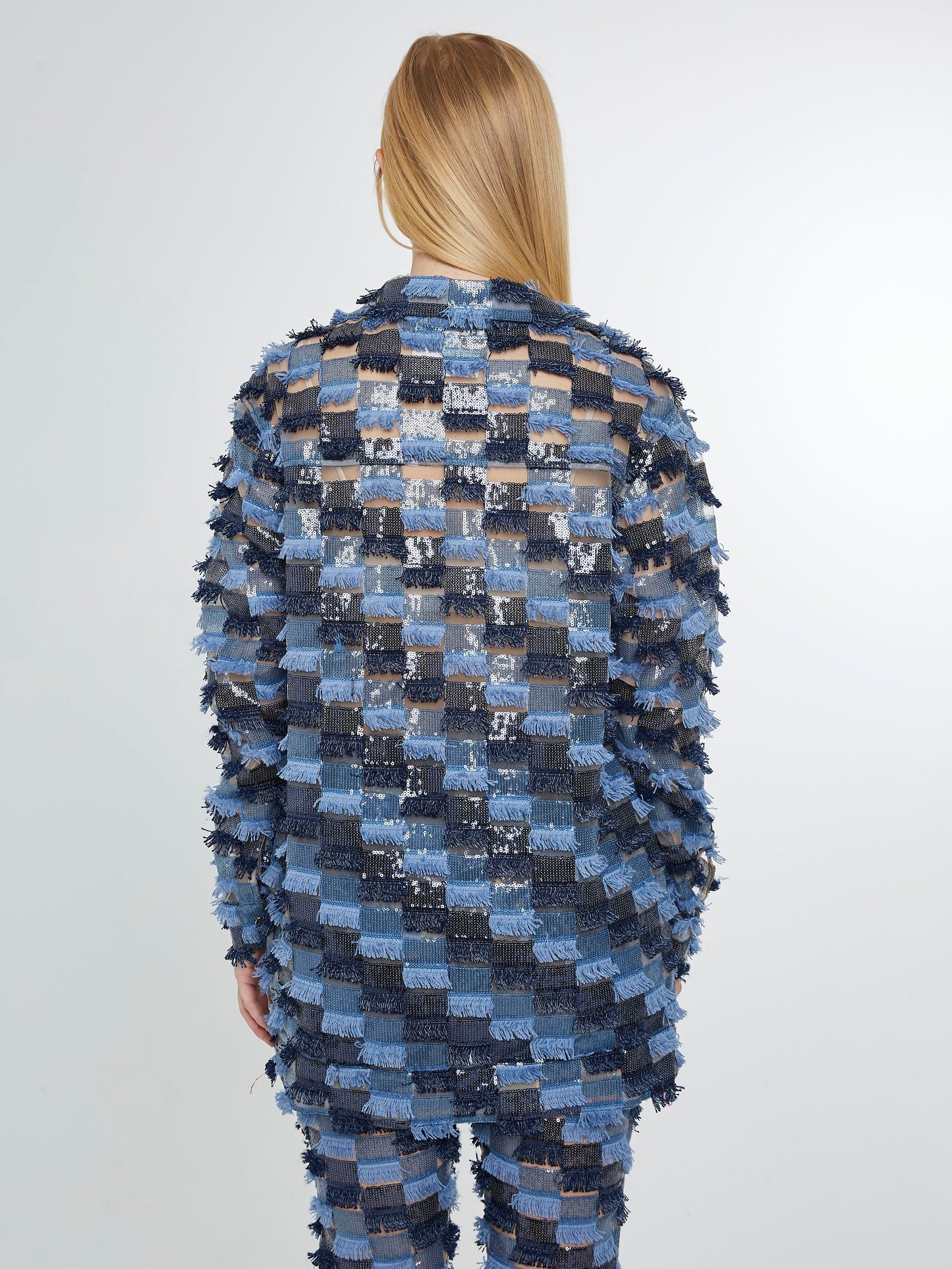 Multitone sequin fringe blue jacket with plastic pockets