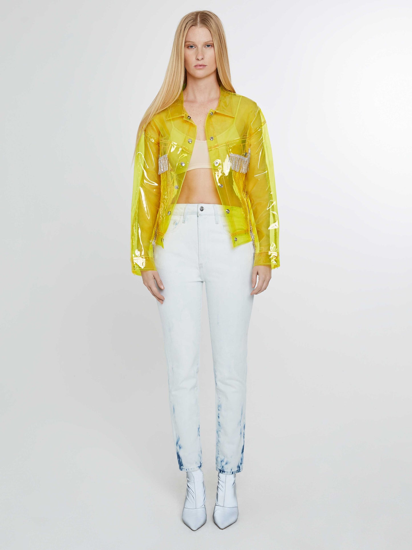 Plastic yellow trucker jacket with fringe