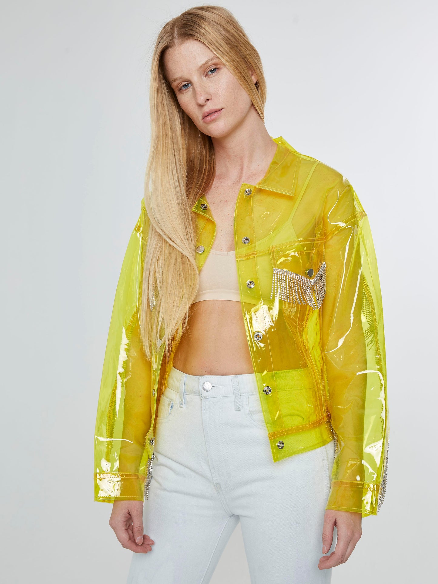 Plastic yellow trucker jacket with fringe