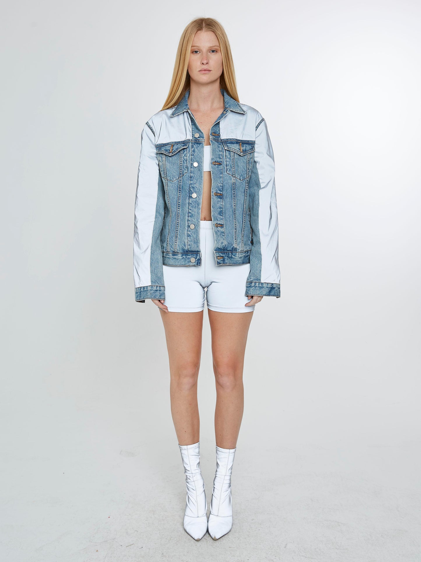 Denim Jacket with iridescent silver sleeves