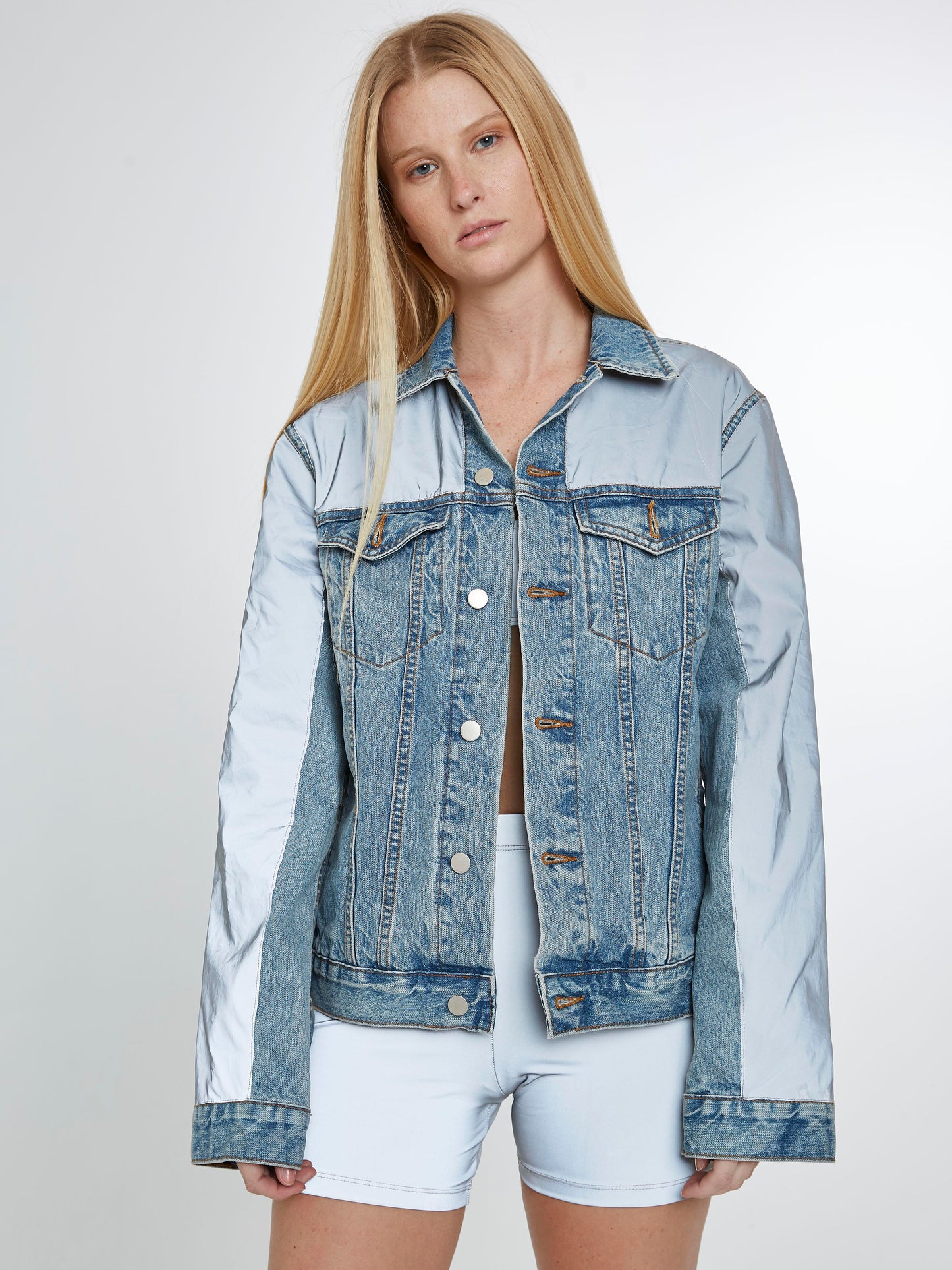 Denim Jacket with iridescent silver sleeves