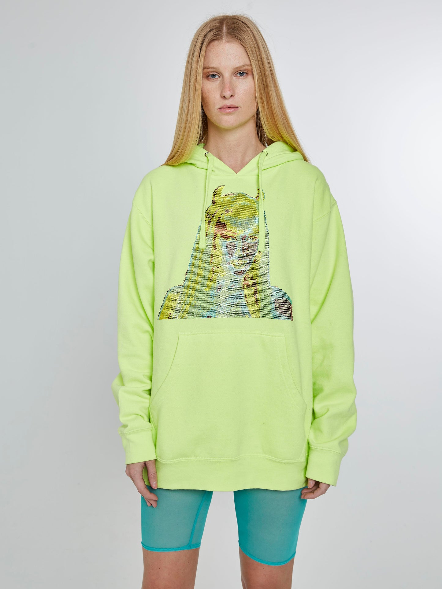 Devil girl neon yellow hoodie with crystals
