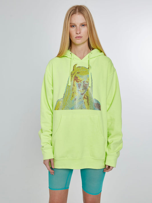 Devil girl neon yellow hoodie with crystals