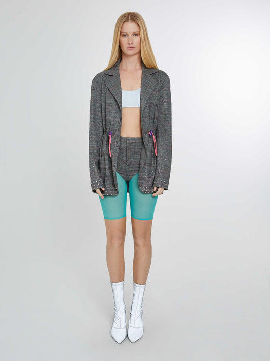 Sporty plaid blazer with multicolored crystals