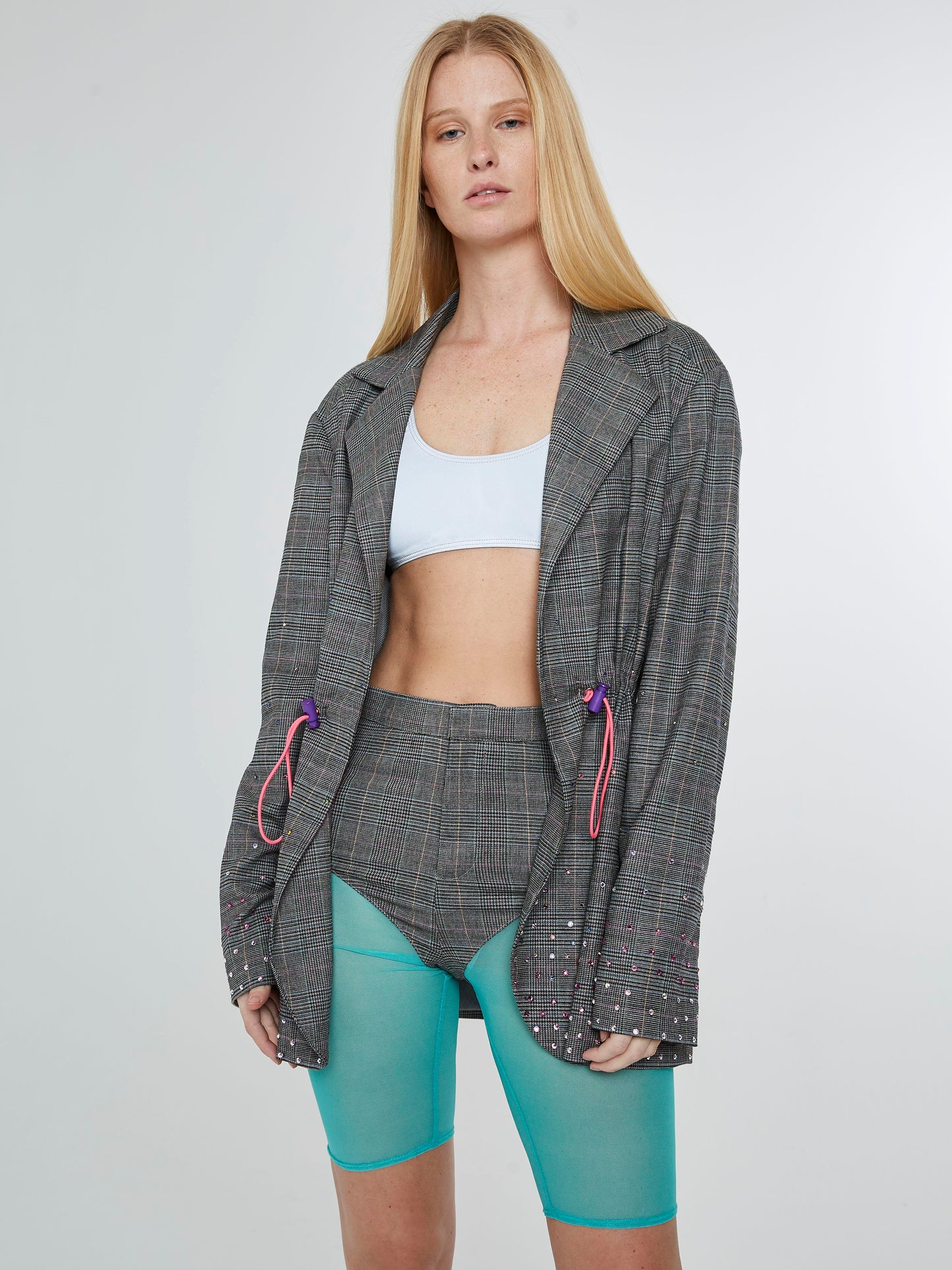 Sporty plaid blazer with multicolored crystals