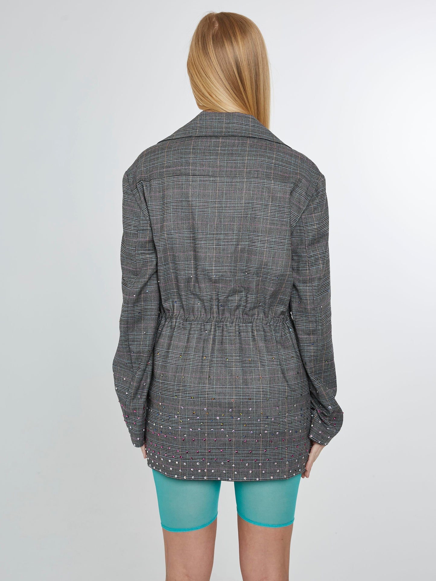 Sporty plaid blazer with multicolored crystals
