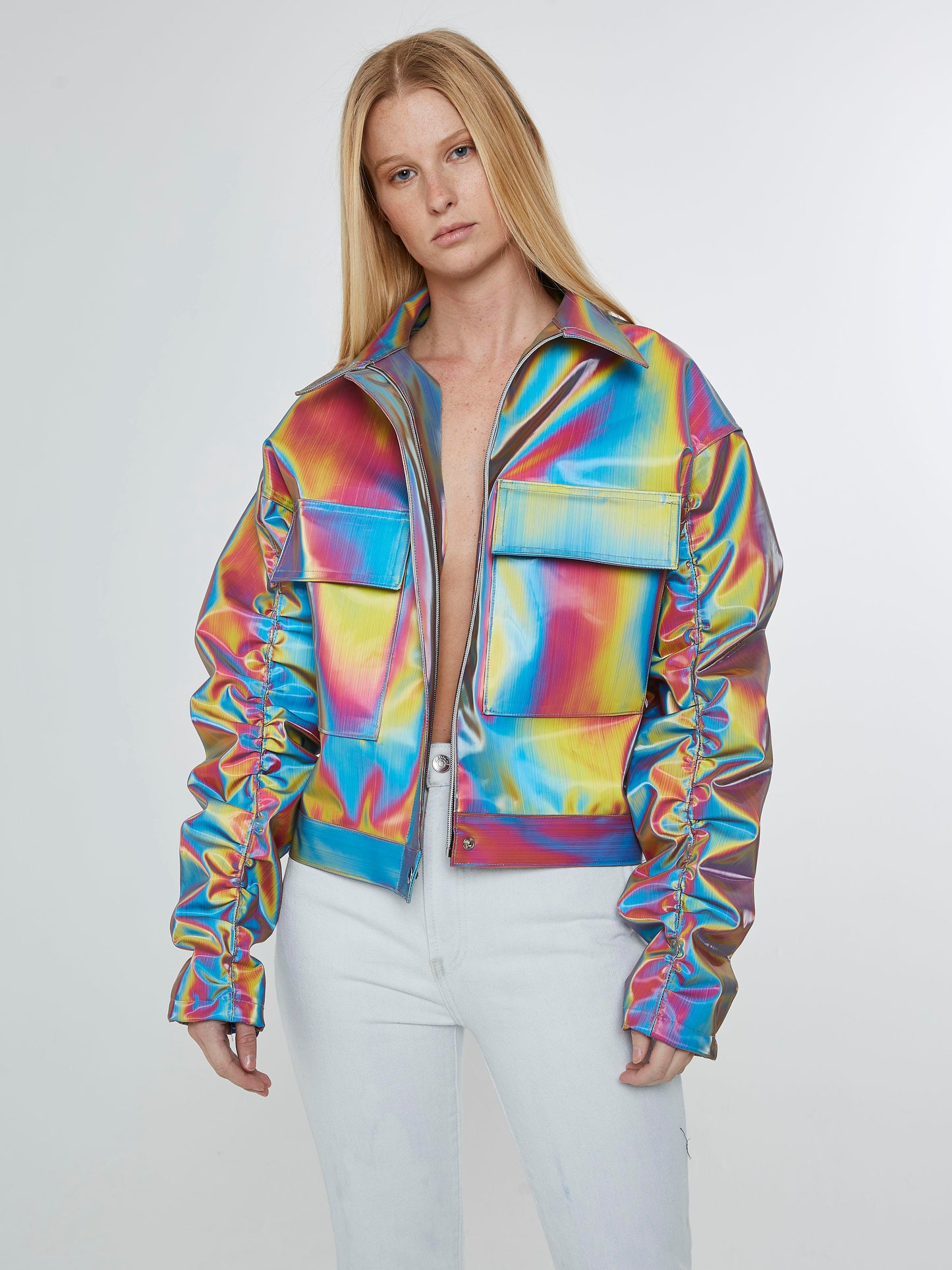 Rainbow jacket with rushed sleeves