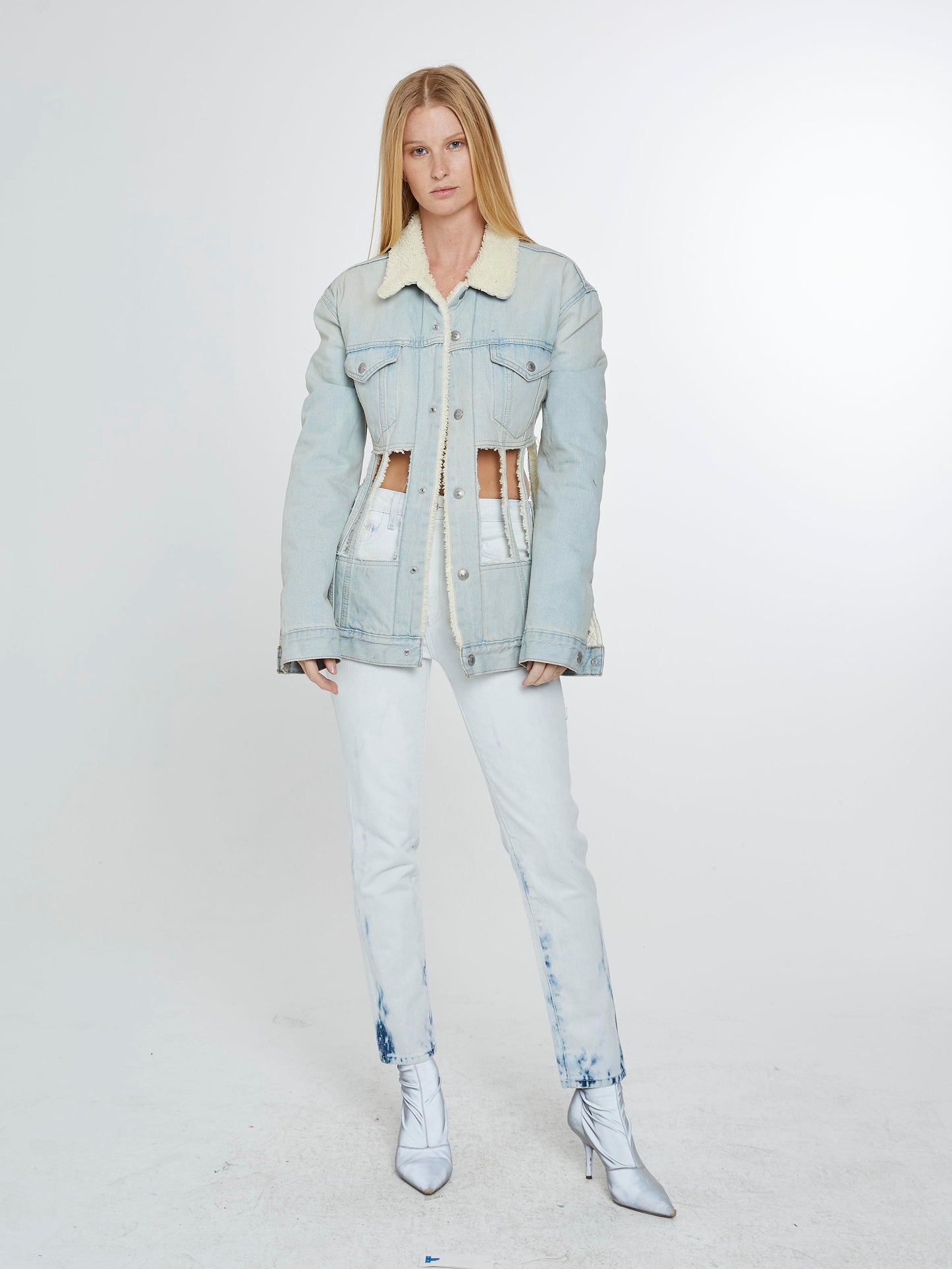 Denim shearling corset jacket