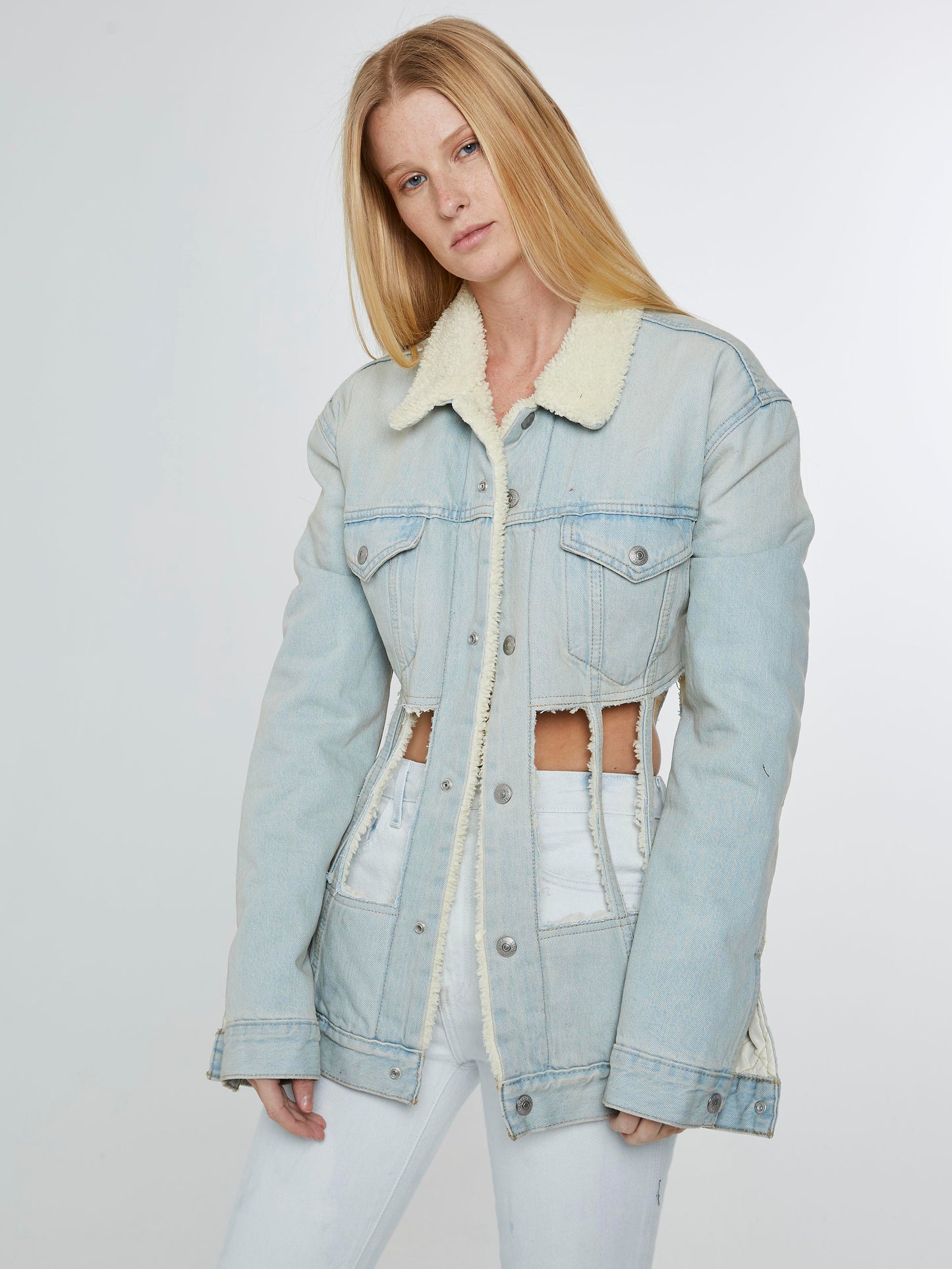 Denim shearling corset jacket