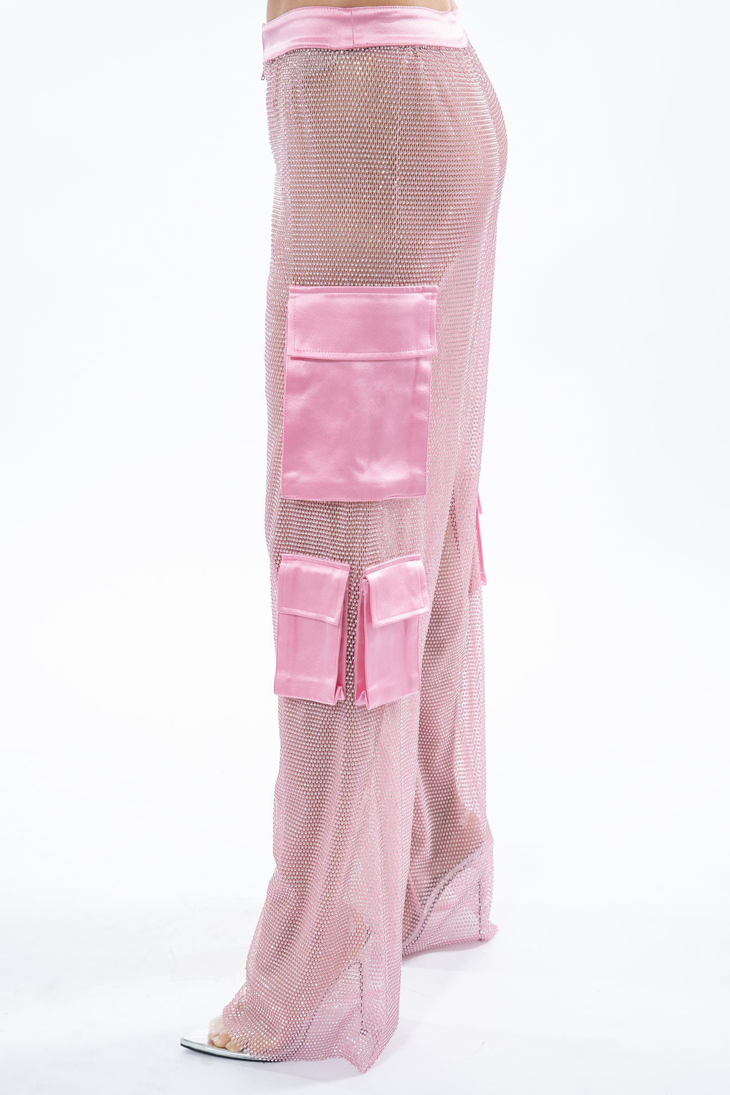 Pink Crystal Mesh and Silk Cargo Pants