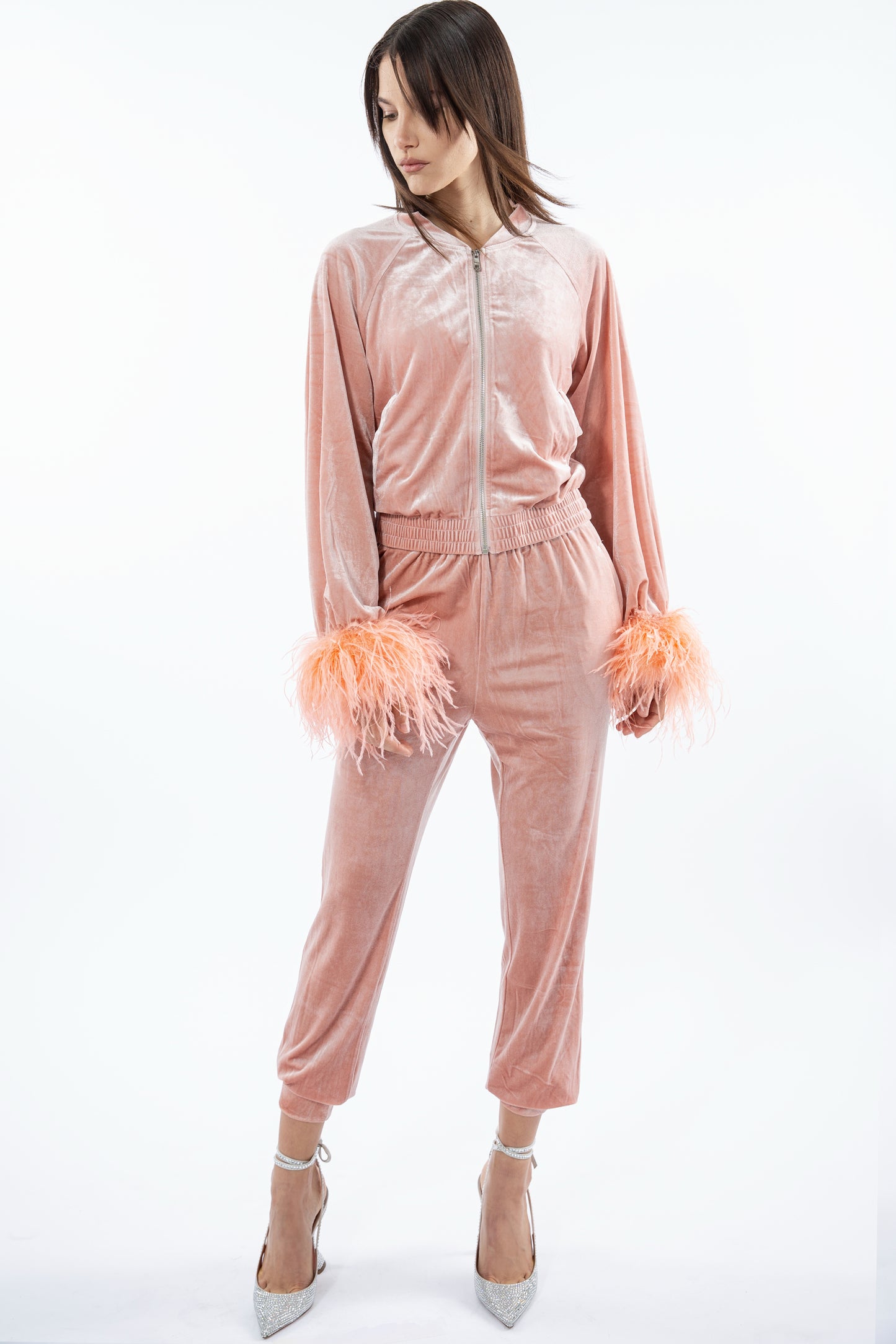 Peach Velour track suit with feather cuffs