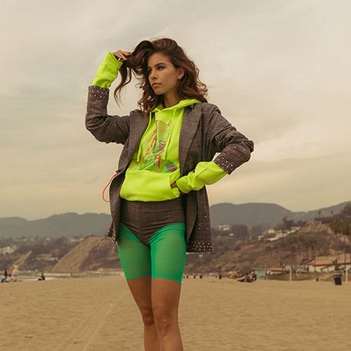 Devil Girl neon yellow hoodie/ Crystals