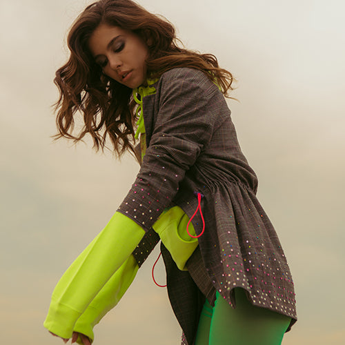 Devil Girl neon yellow hoodie/ Crystals