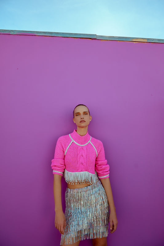 Pink Sweater Crystal Fringe