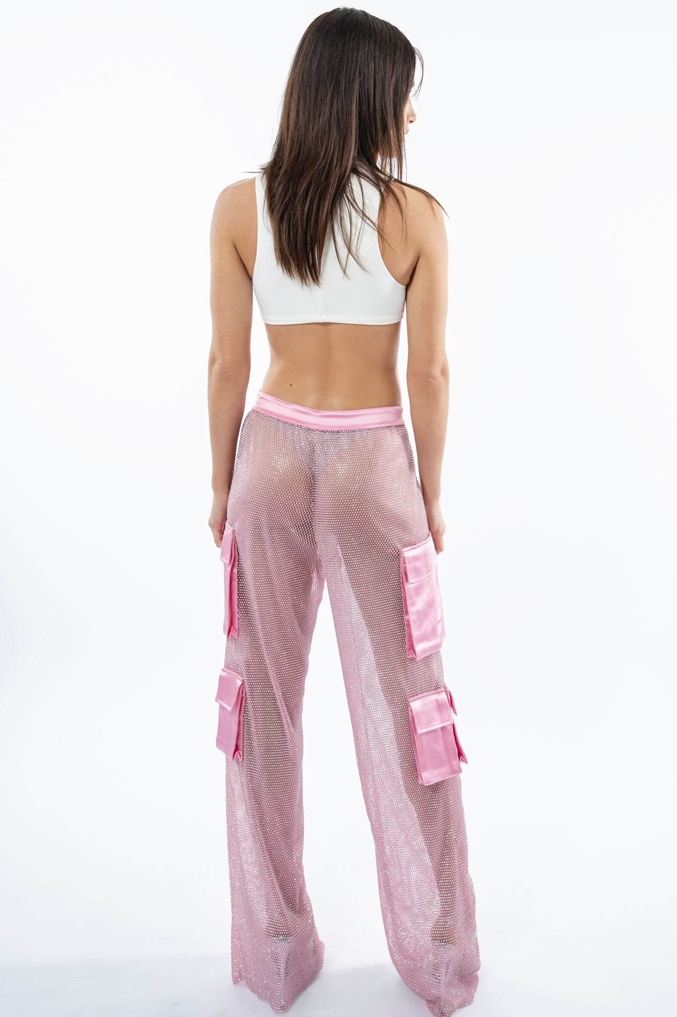 Pink Crystal Mesh and Silk Cargo Pants