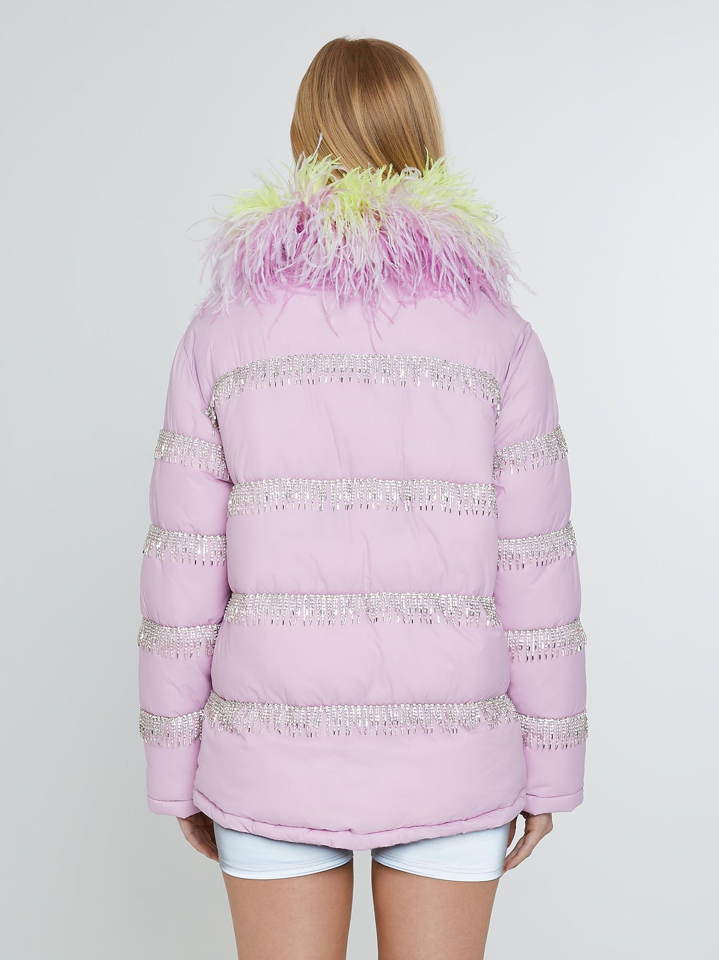 Lilac puffer jacket with crystal fringe yellow feathers