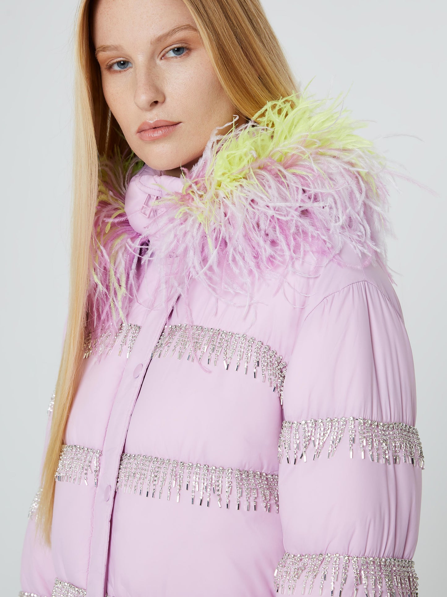 Lilac puffer jacket with crystal fringe yellow feathers