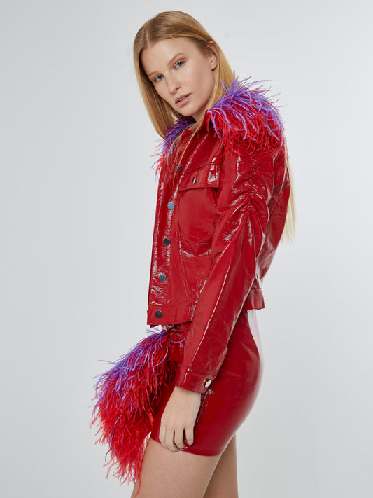 Red vinyl cropped jacket with purple/ red feathered collar