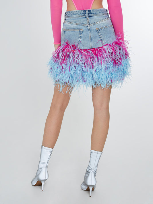 Denim skirt with pink and blue feathers