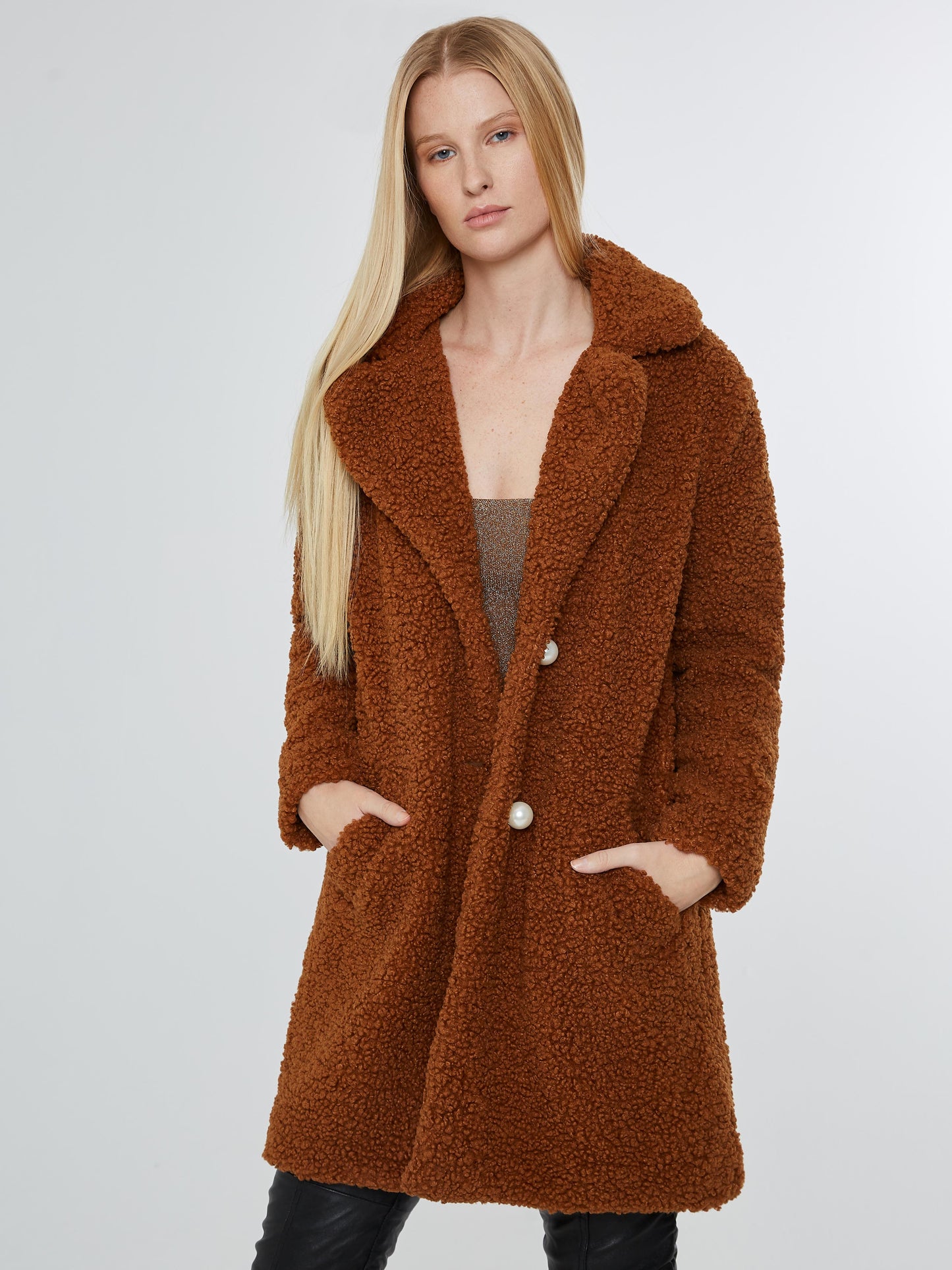 Chocolate brown faux shearling coat with pearl buttons