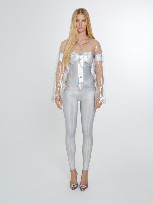Plastic trucker jacket with crystal fringe