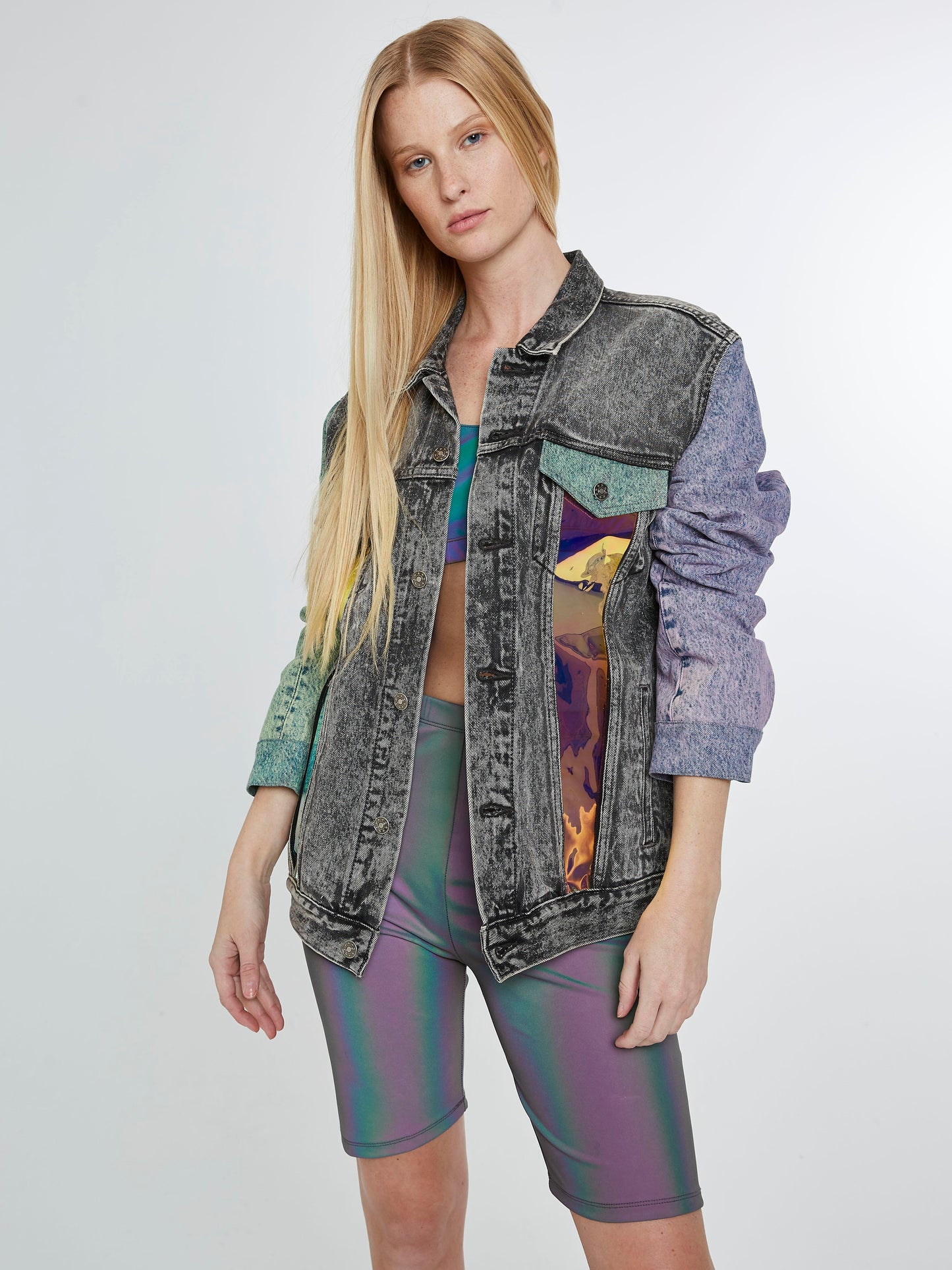 Multicolor Denim Jacket with iridescent plastic detail