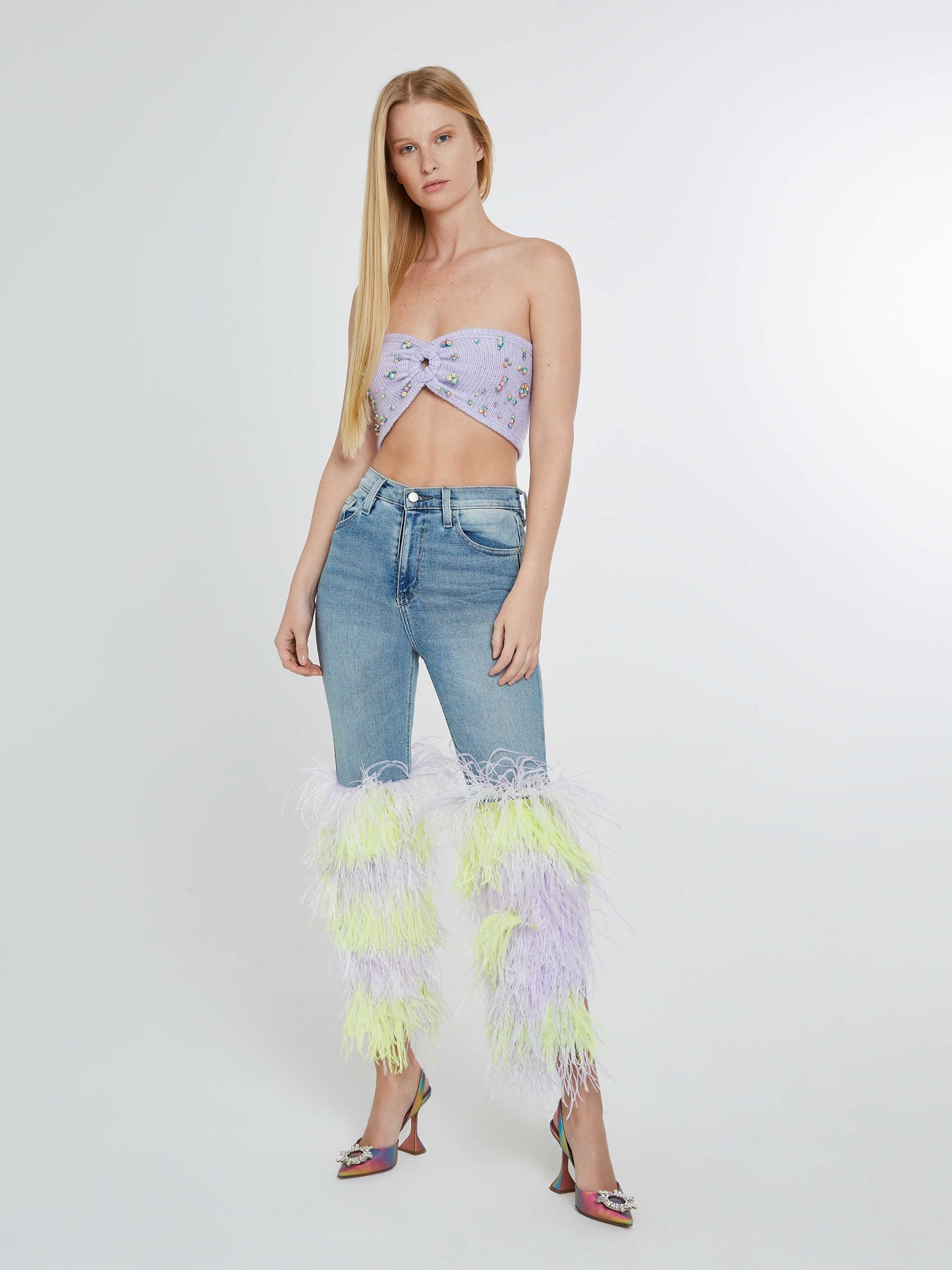 Jeans with neon yellow and purple feathers fringe