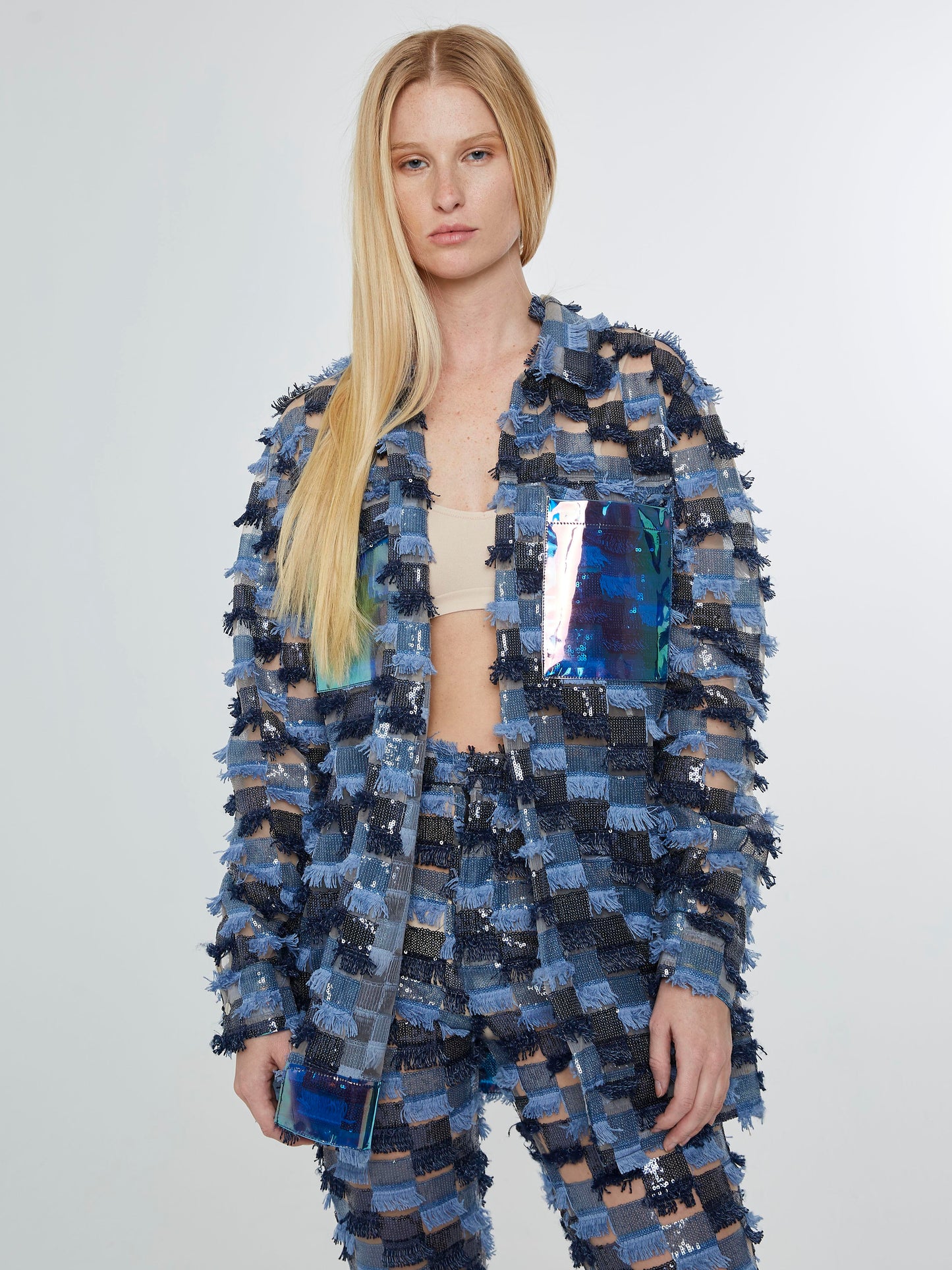 Multitone sequin fringe blue jacket with plastic pockets