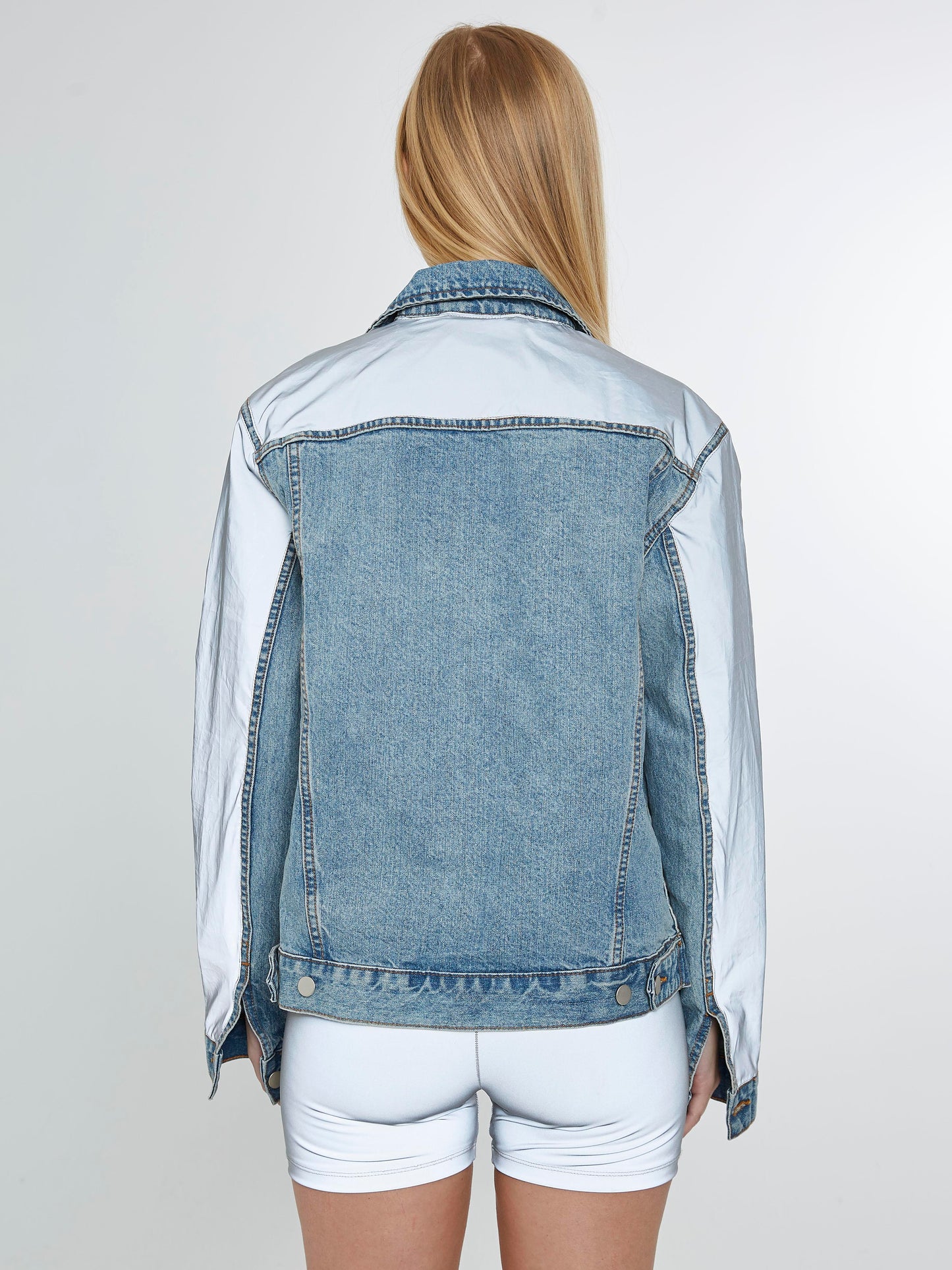 Denim Jacket with iridescent silver sleeves