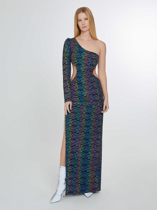 Zebra rainbow reflective long dress with slit