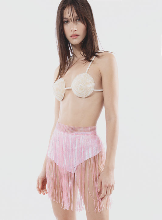 Embellished Pearl bra and Pink Fringe Skirt