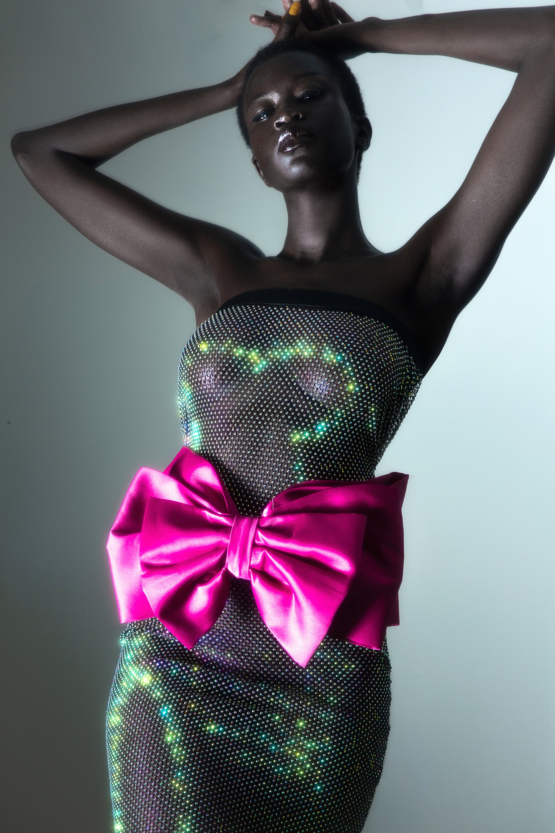 Strapless Crystal Cocktail Dress with Fuchsia Silk Bow Deathbydolls Strapless Crystal Cocktail Dress with Fuchsia Silk Bow Deathbydolls