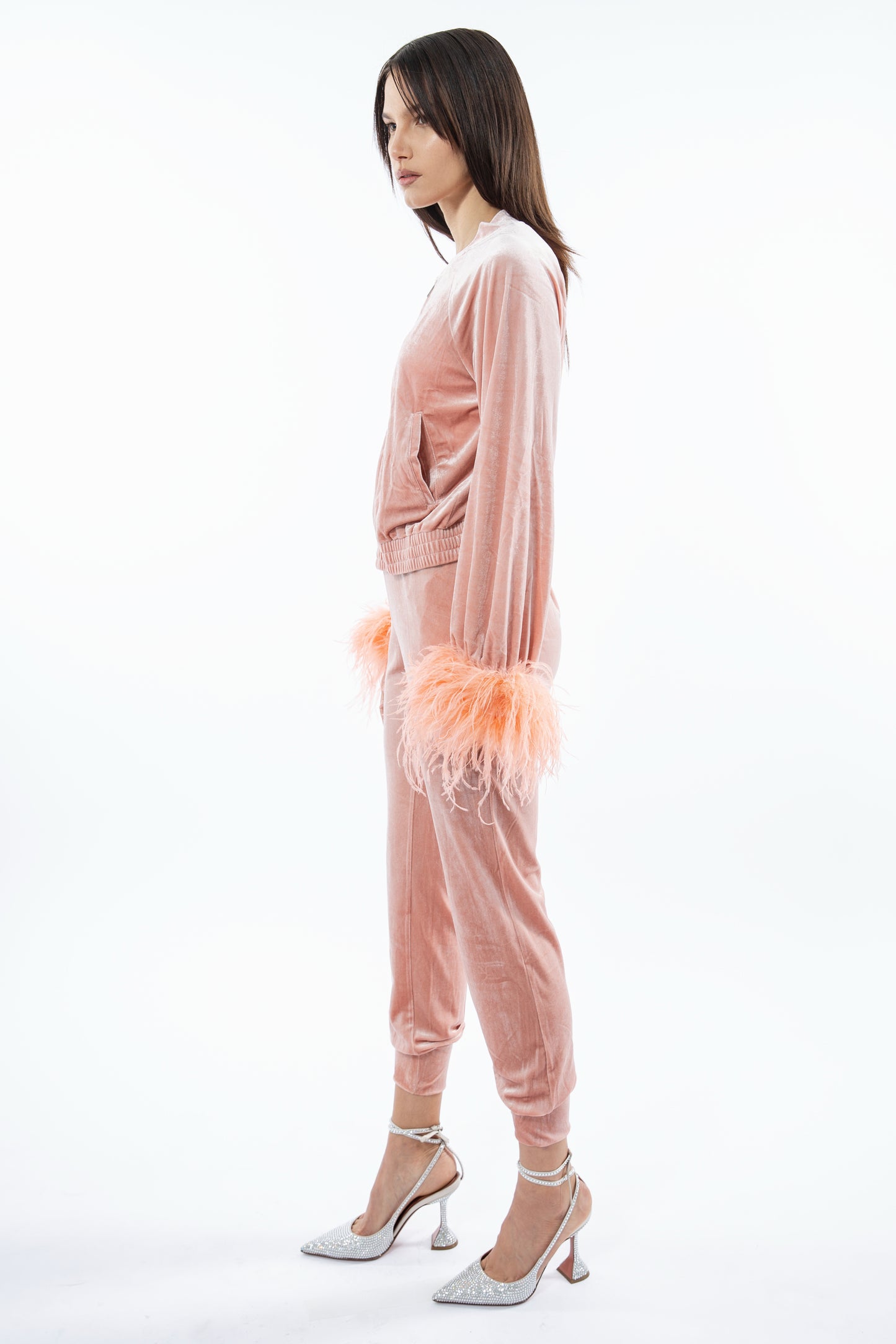 Peach Velour track suit with feather cuffs